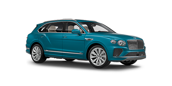 Bentley Harbin Bentley Bentayga EWB Azure front side angled view in Topaz blue coloured exterior. 